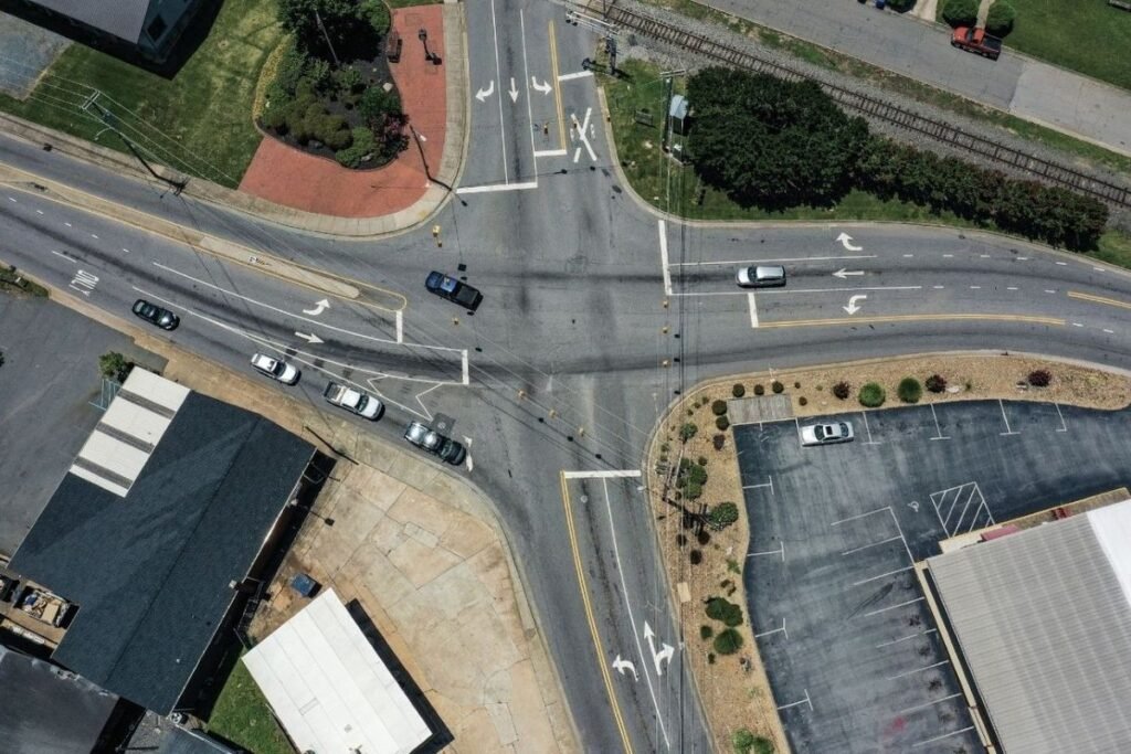 Aerial view of an urban intersection used for traffic impact study analysis